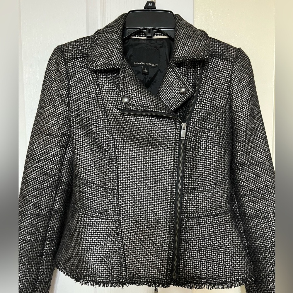 BANANA REPUBLIC Black Silver Gunmetal Metallic Tweed Moto Jacket